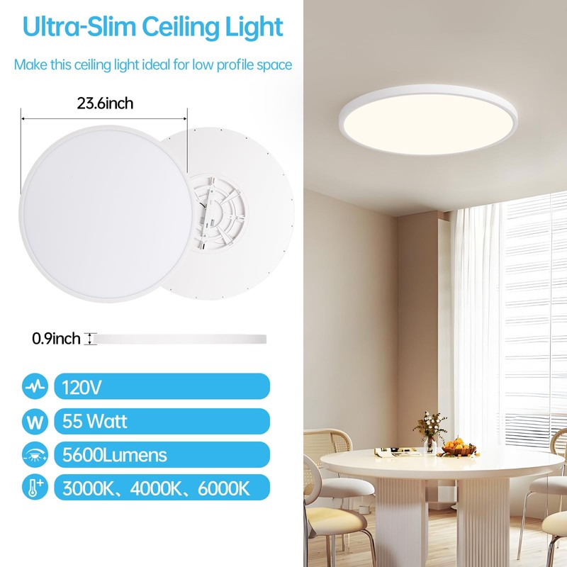 Stkzenod 24 Inch Large LED Flush Mount Ceiling Light Fixture,55W,5600LM,3000K/4000K/6000K