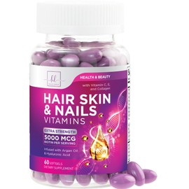 Hair, Skin & Nails Vitamins for Women - Biotin 5000mcg to Support Hair Growth with Argan Oil, Collagen & Hyaluronic Acid, Beautiful, Stronger Skin, Hair & Nails Vitamin Supplement - 60 Softgels