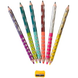 eeBoo: Jumbo Double-Sided Colored Pencils – Our Planets - 6pc Set, 12 Metallic & Fluorescent Colors, Sharpener, Chunky Foil Barrel, Kids Art Supplies