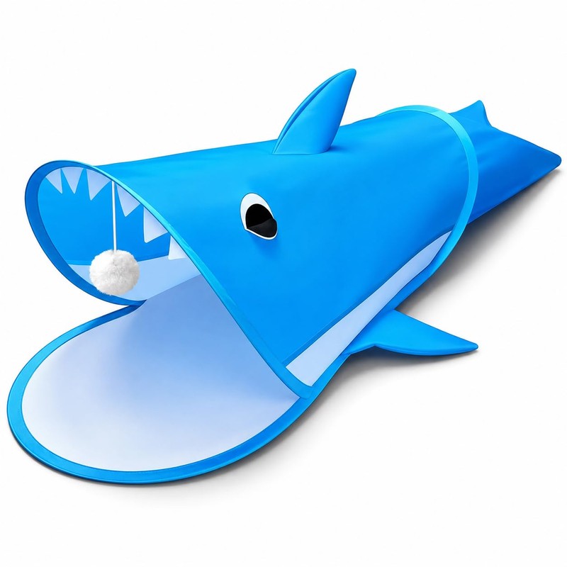 LUCKITTY Blue Shark Cat Tunnel Toy, Collapsible Pop-Up Cat Play