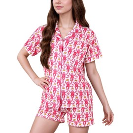 Zuafy Women's Pajamas Set Button Down Ladies Summer Pajamas Monkey Printed Sleepwear Short Sleeve 2 Piece Pjs for Birthday Gift Pink