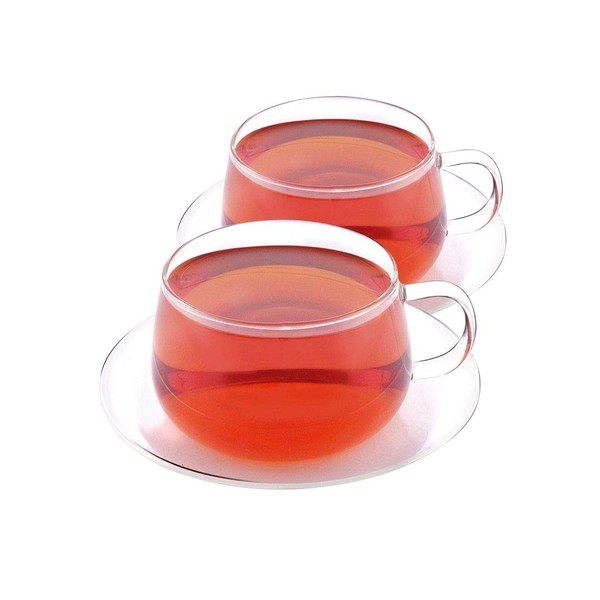 VAHDAM Juego de 2 tazas de té y platillos con purpurina, juego de tazas y platillos de vidrio de borosilicato, duradero, juego de tazas de té, apto para microondas, refrigerador y lavaplatos, tazas de café, juego de regalo de taza de té