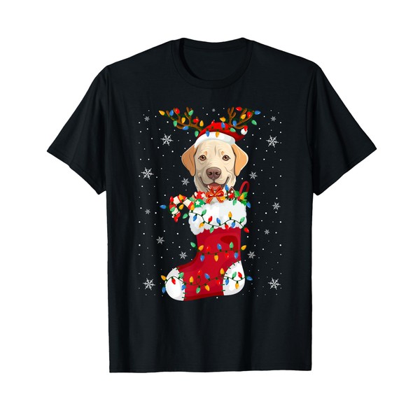 Labrador Retriever Puppy Dog In Socks Xmas Tree Lights T-Shirt