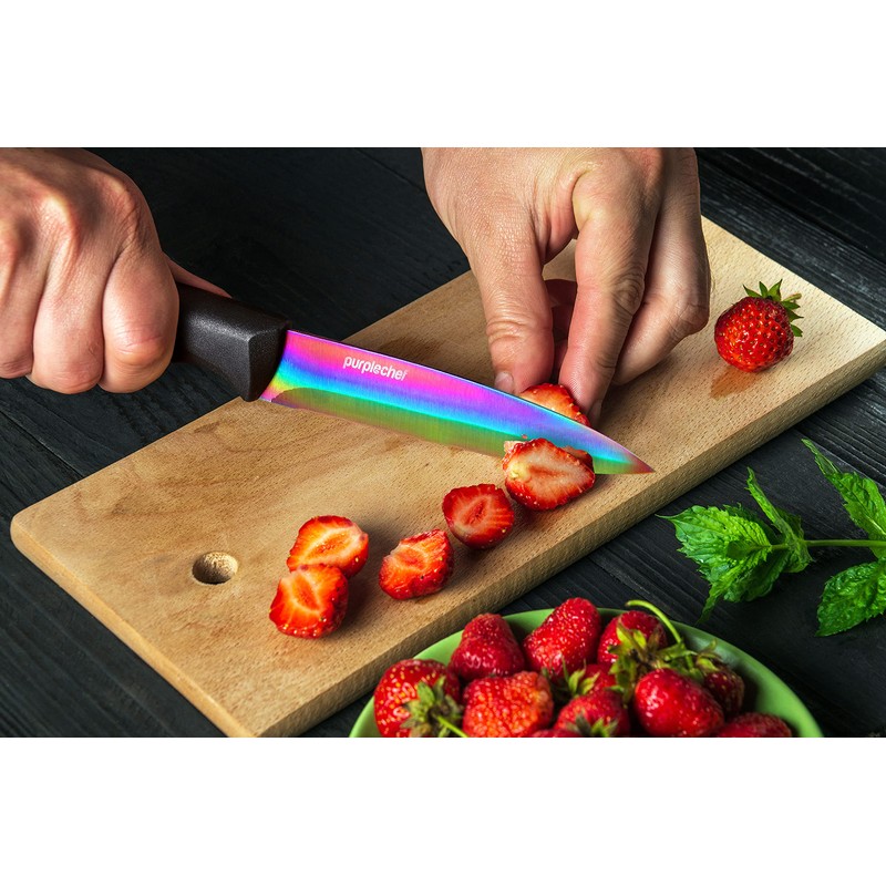 PurpleChef 10 Pieces Iridescent Rainbow Titanium Coated Kitchen Knives Set.