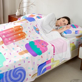 Kids Ice Cream Bed Sheet Set Twin,Cartoon Rainbow Watercolor Dessert Bedding Set 3pcs for Girls Teens Room Decor,Colorful Sugar Sweet Food Fitted Sheet Fantasy Cute Top Flat Sheet,1 Pillowcase