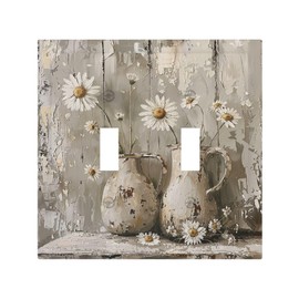 Annisrak Decorative Switch Plates Vintage Rustic Floral White Daisy Flower Oil Painting Style 2 Gang Double Toggle Outlet Light Switch Cover Wall Plate Electrical Faceplate for Home Farmhouse Decor