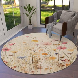Botanical Wildflower Round Area Rug 5ft,Washable Carpet Runner Rug for Bedroom,Kitchen,Bathroom,Living/Dining/Laundry Room,Office,Area+Rug Large Bath Door Floor Mat Retro Colored Spring Floral Herb