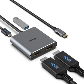 USB C to HDMI Adapter Dual 4K@60Hz, 4 in 1 USB C to HDMI Converter with 100W PD Charging, USB 3.0, USB-C to HDMI Splitter, Extended Display, Compatible with Thunderbolt 3/4