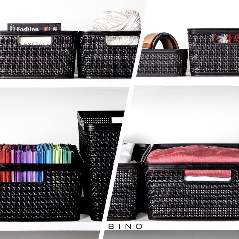 BINO | Woven Plastic Basket | Medium (Black), 4-Pack |