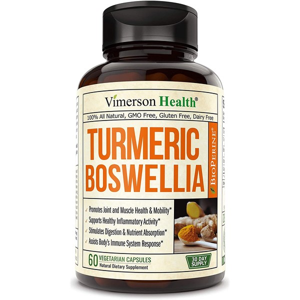Turmeric Curcumin Boswellia with Ginger and BioPerine Supplement with 95% Curcuminoids - Promotes Healthy Joints and Cartilage Function. Reduces Occassional Joint Discomfort. 60 Vegan Non GMO Capsules