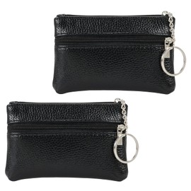 Amexo Pack of 2 Small Coin Purses Made of PU Leather Mini Purse Women's Coin Bag with Zip Mini Purse with Key Ring Leather Wallet with Three Compartments, black, PU leather portable wallet