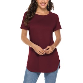 Newchoice Women's T-Shirts Crew Neck Solid Colors Cotton Knit Strechy Spring Tunic Tops (M,Y-dark wine)