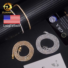USA Local Stock 2mm 925 Silver Moissanite Tennis Necklace Pass Diamond Test Iced Out Hip Hop Jewelry Moissanite NecklaceColor: Silver, Length: 16inches