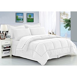 Elegance Linen Wrinkle Resistant - Luxury Silky Soft Dobby Stripe Bed-in-a-Bag 8-Piece Comforter Set - King White