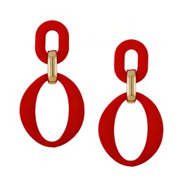 Solid Color Double Hoop Earrings for Womens 70s, Bohemian Retro Geometric Drop Earrings Hollowed Out Oval Dangling Large Earring Fashion Summer Jewelry (Red)