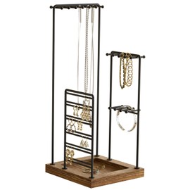 J JACKCUBE DESIGN Jewelry Organizer Stand, Black Metal Jewelry Tree Display Holder with Wood Tray for Necklace Bracelet Earring Stud Ring Large Storage - MK640 (Black)