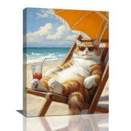 Funny Cat Beach Wall Art Cute Cat Ocean Canvas Wall Decor Coastal Kitten Pictures Paintings Prints Seaside Artwork Framed Seascape Decorations For Bathroom Bedroom Living Room Office Gifts 12" x 16"