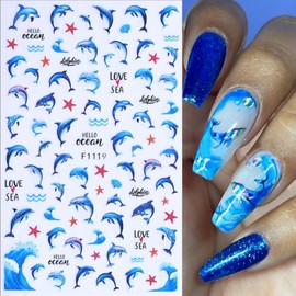 Marine Life Nail Art Stickers -3D Cute Mermaid Nail Decals Self Adhesive Small Whale Nail Stickers with Little Fish Jellyfish Designs Nail Decal Summer Nail Supplies for Women DIY Manicure Decoration