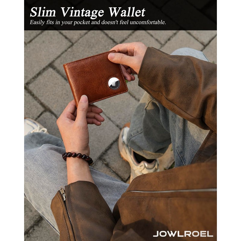 Jowlroel AirTag Wallet Mens - Genuine Leather Bifold RFID Blocking
