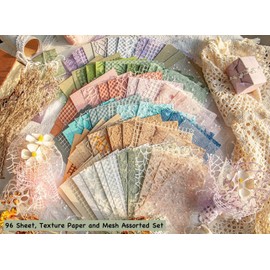 96 Sheets Textured Scrapbook Paper and Mesh Fabric Assorted Set, 6 Pack Mixed Special Paper for DIY Scrapbook Decor Planner Journal Supplies Mixed Media Collage Card Embellishments, 3.9x5.5 Inch