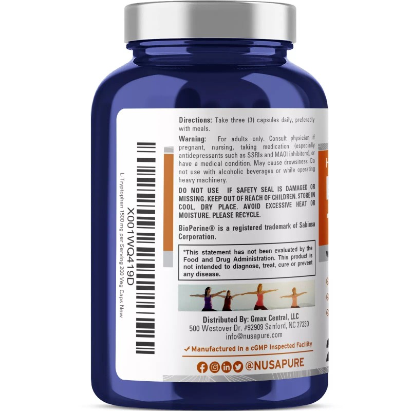 NusaPure L-Tryptophan 1500mg 200 Vegetarian Caps (Non-GMO)