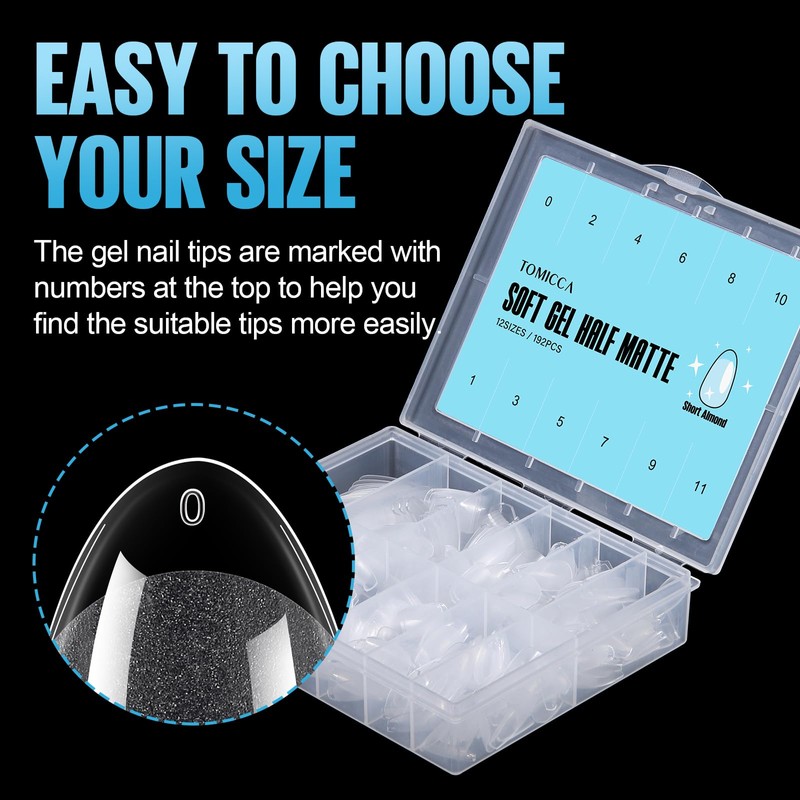 TOMICCA Short Almond Nail Tips, 192Pcs Half Matte Soft Gel