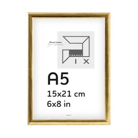 Pix FRAMES A5 Picture Frame, Wooden Photo Frame, Frame with Acrylic Glass Panes, Frame for Hanging and Standing, Modern Photo Frame, 15 x 21 cm, Gold