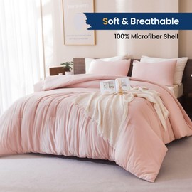 Paxrac Blush Pink Comforter Set Queen Size, 3 Pieces Light Pink Comforter Set, Lightweight Solid Bedding Set, All Seasons Soft Breathable Queen Comforter Set (90x90In Comforter & 2 Pillowcases)