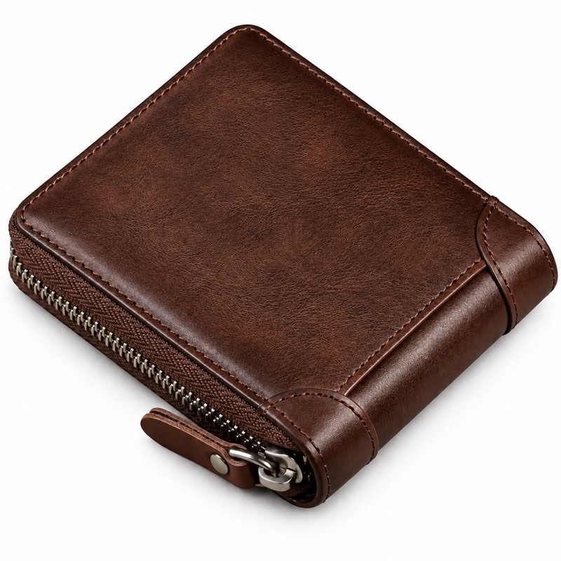 Men's Genuine Leather Zipper Wallet – Compact Short Wallet with