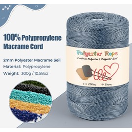 Premium 2 mm 250 m Polyester Rope, 100% Polypropylene Cord with Scissors and 4 mm Crochet Macrame Cord for DIY Crafts Crochet Knitting Plant Hanger Hanging Basket Decoration (Denim Blue)