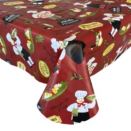 Newbridge Italian Red Bistro Chef Vinyl Flannel Backed Tablecloth, Novelty Chef Indoor/Outdoor Waterproof Tablecloth, Picnic, Barbeque, Patio and Kitchen Dining, 60 Inch x 102 Inch Oblong/Rectangle