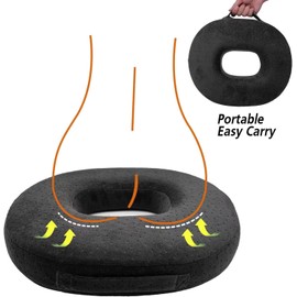 Donut Pillow Memory Foam Seat Cushion - Non-Slip Bottom,Portable Orthopedic Hemmoroid Pillow Cushion Support Pad for Tailbone Pain，Coccyx, Bed Sores, Post Natal, Sciatica (Black)