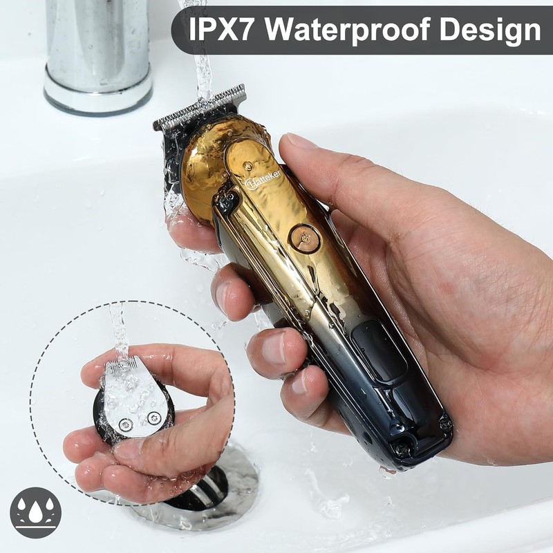 Hattekerひげトリマーセット電気かみそりかみそり専門ヘアカット、隙間ゼロT型ブレードトリマー付き鼻耳ひげトリマー男性防水コードレス美容セット6 in 1(ゴールド)