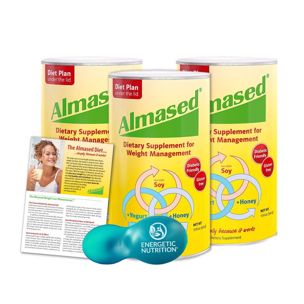 Almased Diet Kit – 3 cans Almased Multi-Protein Powder (17.6 oz ea) bundled with 1 Energetic Multi-measure Scoop (4 items)