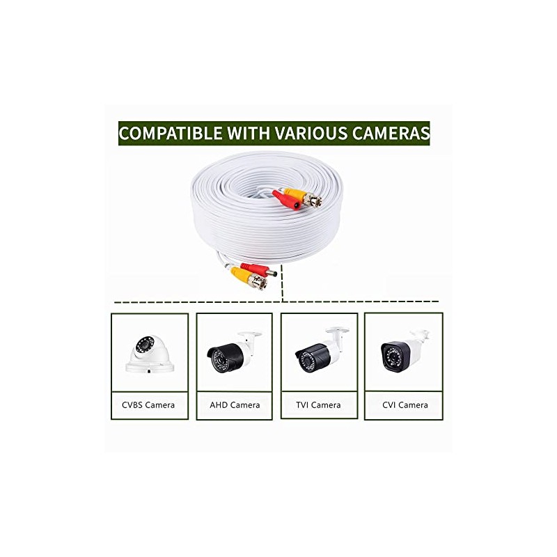 FITE ON 65ft White BNC Extension Cable Cord Lead Compatible