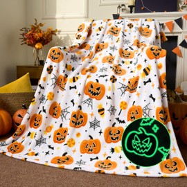 Joiedomi Glow in The Dark Blanket - Pumpkin White Gifts Toys for Girls Age 2 3 4 5 6 7 8 9 10 11 12 Year Old - Soft Cozy Flannel Kids Throw Blanket, Birthday Bedroom Decor 50"×60"
