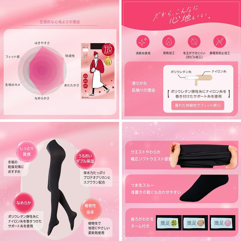 Fukusuke Satisfaction, 110 Denier Tights, 1 Pair Set, Women's, Black