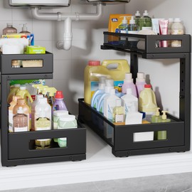 Biboraya 2 Pack 17IN Depth Under Sink Storage Organizer, Large 2-Tier Elegant Mesh Pull Out Shelf for Kitchen and Bathroom Cabinet Organization, L-Shaped and Adjustable Height Design-Black