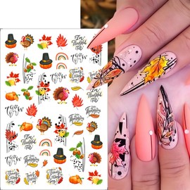 8 Sheets Fall Nail Art Stickers 3D Maple Leaf Self-Adhesive Nail Decals Thanksgiving Fall Leaf Nail Supplies Pumpkin Turkey Nut Nail Design Autumn Thanksgiving Dinner Nail Decoration for Women Girls