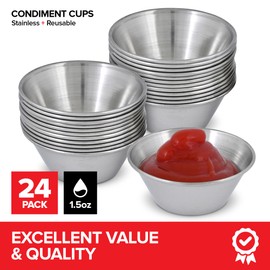 1.5 oz Stainless Steel Condiment Cups (24 Pack), Individual Portion Dipping Sauce Cups, Small Metal Ramekins for Ketchup, Marinara, BBQ Sauce, and More! Reusable Condiment Cups for Restaurants
