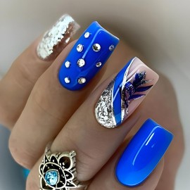 24STK French Press on Nails Mittellange Square Künstliche Nägel Blau Rose Blume Fingernägel zum Aufkleben Glitzer Silber Klebe Nägel Set Acrylnagelspitzen Damen Frühling Sommer Nagel Zubehör
