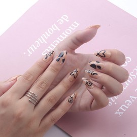 Black Heart Press on Nails Medium Almond Fake Nails with Designs Snake Glue on Nails Glossy Reusable Valentines False Nails for Women Girls Manicure 24pcs