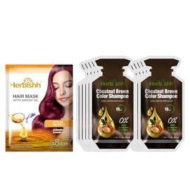 Herbishh Hair Color Shampoo 10 Sachet +1 Argan Hair Mask Pouch | 3 in 1 Hair Dye | PPD Free | Easy to Use | Gray Coverage | Travel Size | Available in