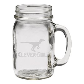Clever Girl Raptor Dinosaur 12 oz Hand Etched Glass Mason Jar Mug