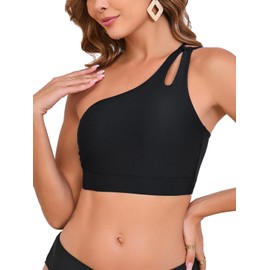 Aderea Womens Bathing Suit Tops Swim Bra Top One Shoulder Bikini Tops Black Swimsuit Swimwear Top with Built in Bra