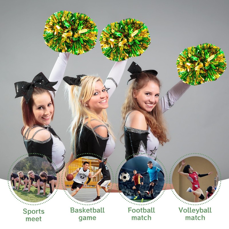 2 Pack Cheerleading Pom Poms with Sticks Green Gold 14