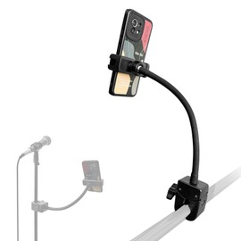 Clip Phone Holder for Desk,Pole,Pipe,Boom,Flat Surface with Adjustable Aluminium Arm Phone Clamp Mount for Mic Stand,Treadmill Compatible with All 4-7” Cell Phone (Long-Gooseneck Arm Phone Holder)