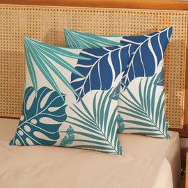 Tropical Pillow Covers 16x16 Set of 2 Navy Blue Aqua Teal Monstera Palm Leaf Pillowcase Summer Decorations Tropical Outdoor Throw Pillows Linen Decor Botanical Plant Cushion Case for Home Bed