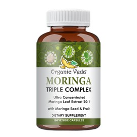 Organic Veda Moringa Capsule Triple Complex Superfood - 20 X Concentrated Organic Moringa Leaf, Fruit & Seed Extract Supplement - Omega 3 & 6, Antioxidants, Vitamins, Amino Acids -180 Vegan Capsules