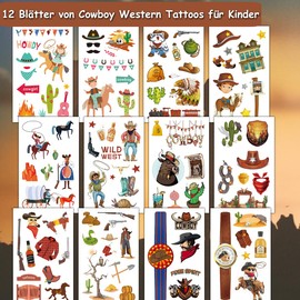 CHARLENT Cowboy Temporary Tattoos for Children, 100 Pieces Western Cowboy Temporary Tattoos for Boys Birthday Party Gifts